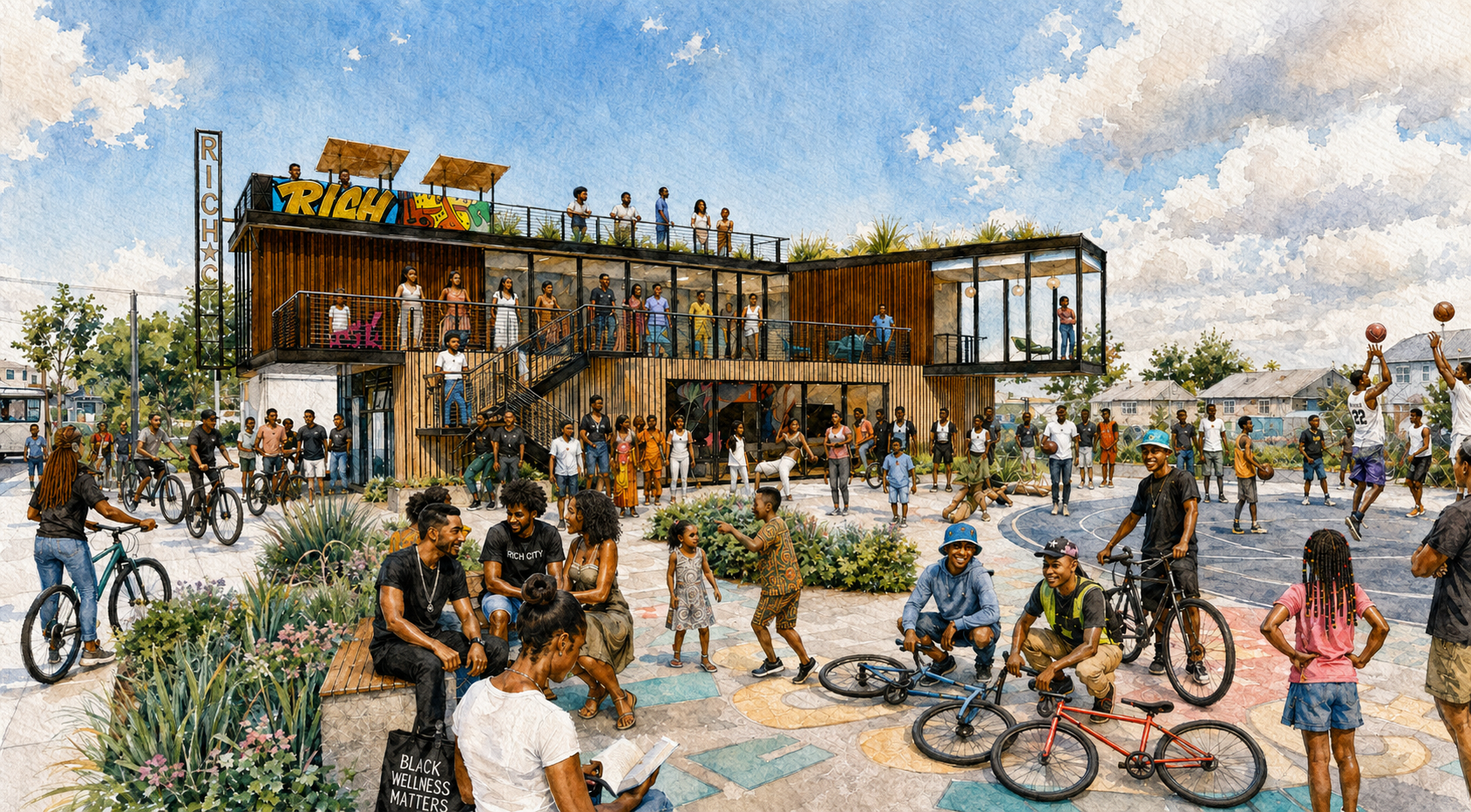 Watercolor concept rendering of the Black Wellness Hub with community members gathering, cycling, gardening, and playing basketball.
