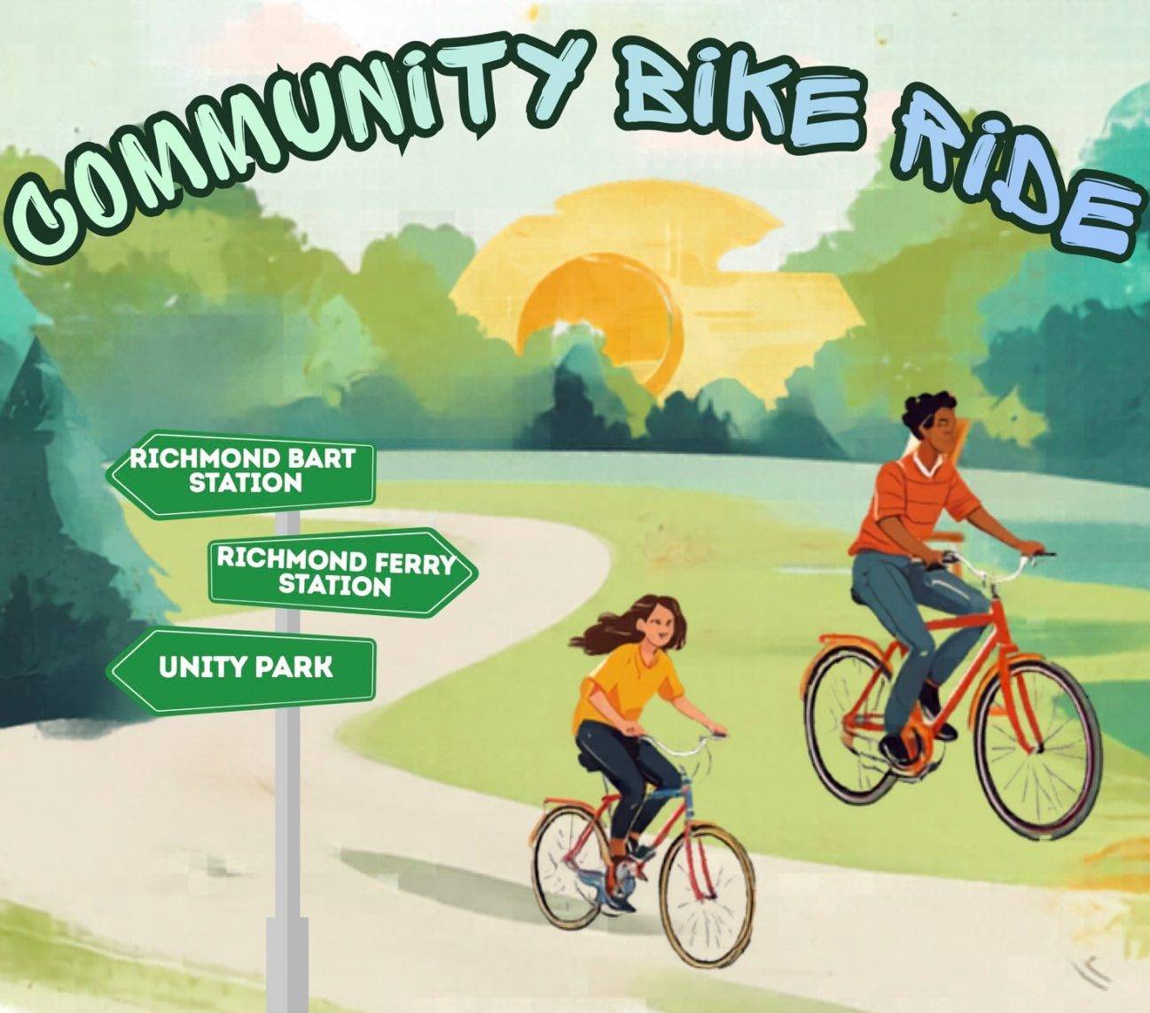 Watercolor concept rendering of the Black Wellness Hub with community members gathering, cycling, gardening, and playing basketball.